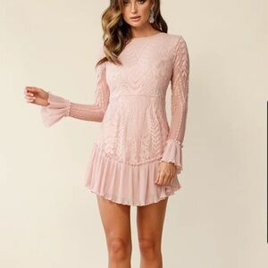 Self Leslie Blush Pink Lace Long-Sleeve Mini Dress